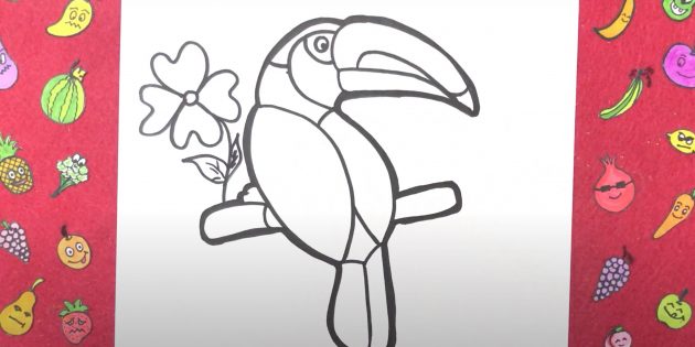 Как нарисовать попугая: Обведите рисунок и добавьте цветок