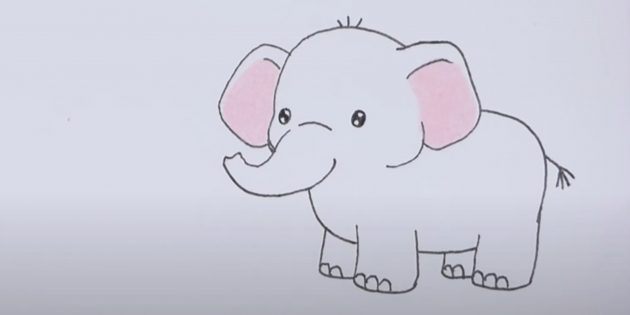 Как нарисовать стоящего мультяшного слона: обведите рисунок и закрасьте уши 