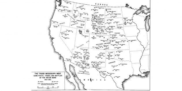 Карта войн и сражений американских военных с индейцами к западу от Миссисипи с 1860 по 1890 год