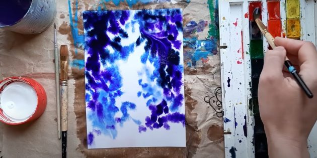 How to paint space in watercolor: make purple and blue strokes