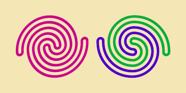 Головоломка: спираль слева состоит из цельной верёвки, спираль справа — из двух отдельных.
