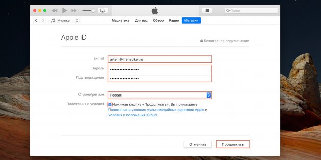 Как создать Apple ID: укажите имейл и пароль