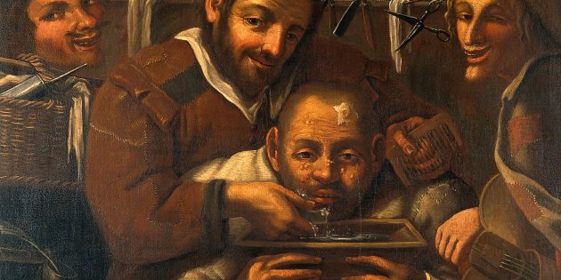 Необычные профессии: барберы-хирурги оперируют нарыв на лбу у клиента. Картина маслом, XVII век, возможный автор — Мигель Марч