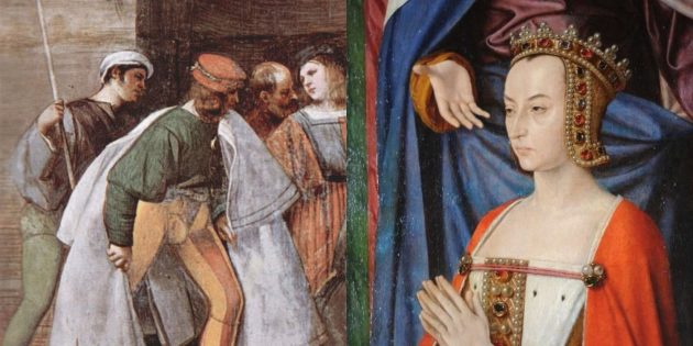 Фрагмент фрески «Чудо» с заговорившим новорождённым, Тициан, 1511; «Анна де Боже», Муленский мастер, между 1489 и 1499