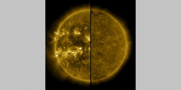 Сравнение максимальной (слева — апрель 2014 года) и минимальной (справа — декабрь 2019 года) солнечной активности. Пример вспышки на Солнце
