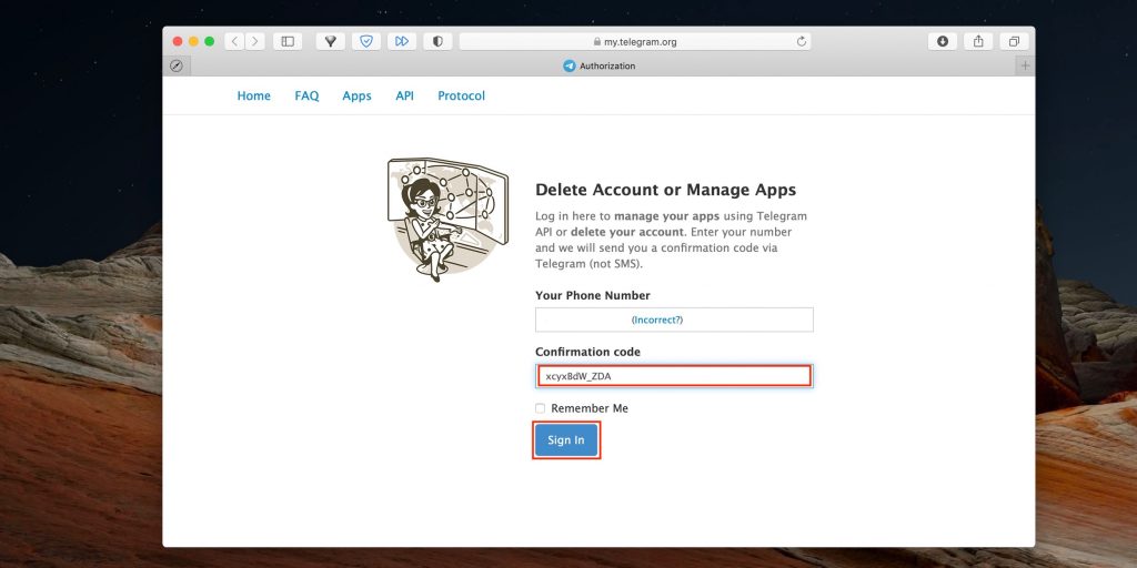 Как удалить аккаунт в Telegram: вставьте код в поле Confirmation code