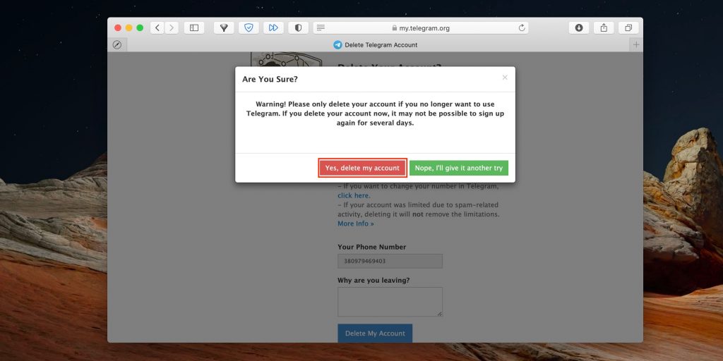 Как удалить аккаунт в Telegram: нажмите кнопку Yes, delete my account