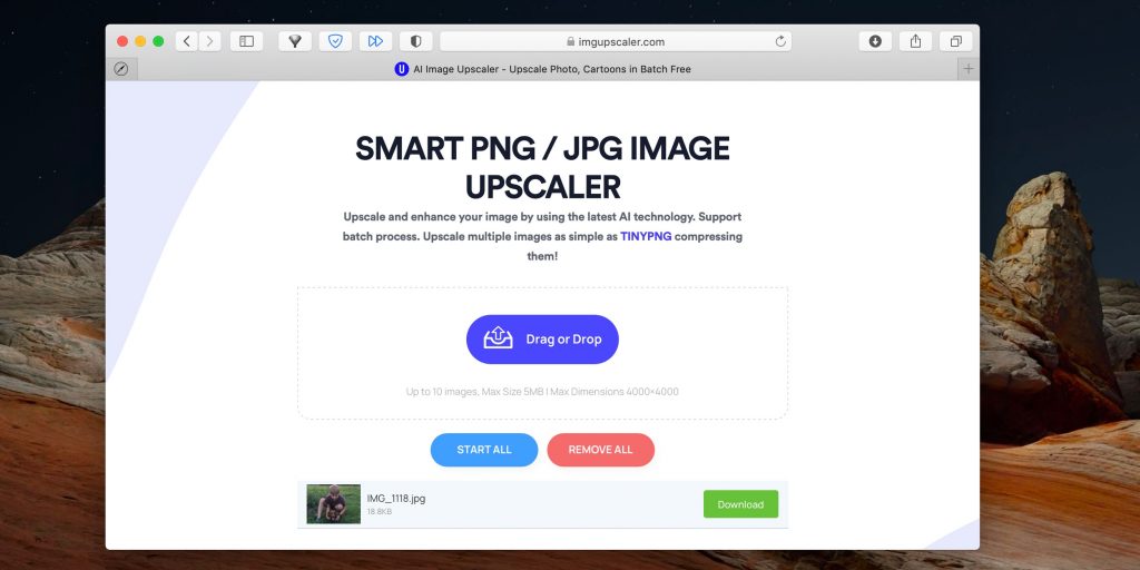 Img.Upscaler доступна загрузка одновременно до 10 картинок в формате PNG или JPG