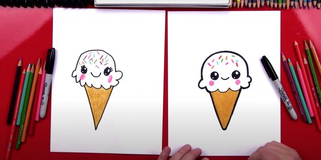 Как нарисовать милое мороженое с глазками в рожке