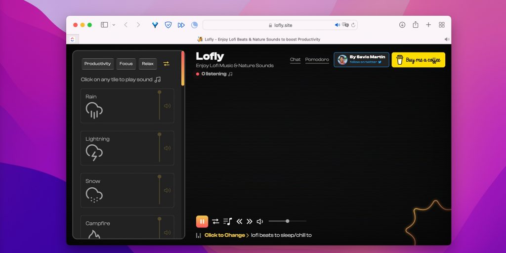 Lofly — бесплатный сервис с музыкой и звуками для повышения продуктивности
