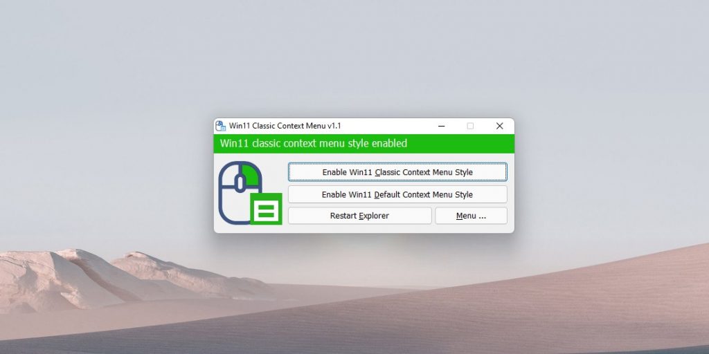 Как вернуть контекстное меню в Windows 11 с помощью сторонней программы: нажмите Enable Win11 Classic Context Menu Style