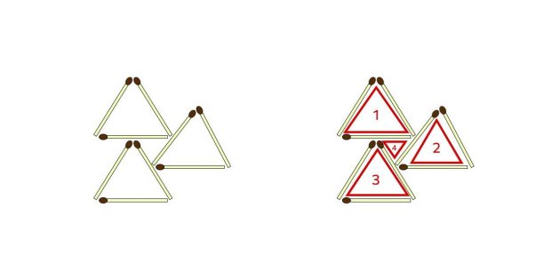 Вот как передвинуть спички, чтобы получилось четыре треугольника