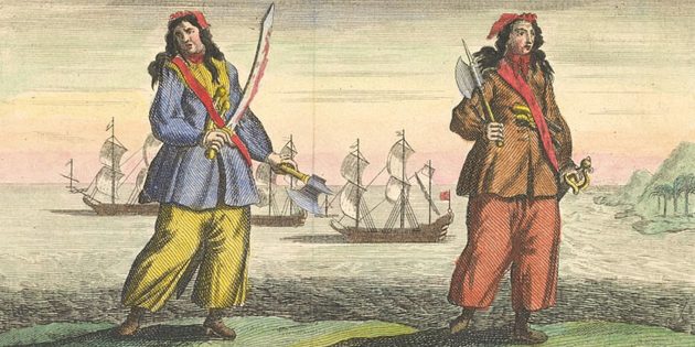 Пиратки Энн Бонни и Мэри Рид из книги капитана Чарльза Джонсона «Всеобщая история грабежей и смертоубийств, учинённых самыми знаменитыми пиратами»