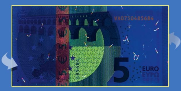 Как отличить настоящий евро от фальшивого: элементы в ультрафиолете выделены цветами