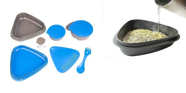 Пластиковый набор походной посуды с вилкой и разделочной доской