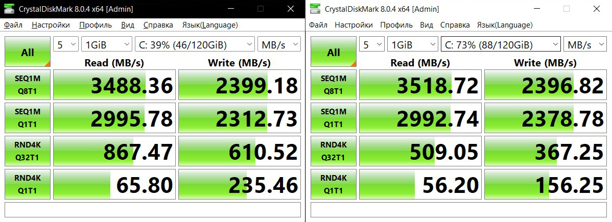 CrystalDiskMark: результат MateBook D16 2022 — слева, MateBook D16 2021 — справа