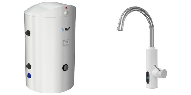 Большой накопительный водонагреватель Stout на 200 литров и проточный нагреватель-кран Electrolux