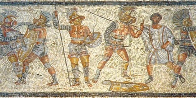 Римская мозаика, изображающая гладиаторов