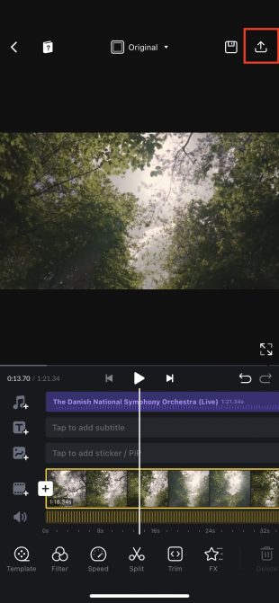Как добавить музыку в видео на iPhone в VN: нажмите кнопку «Поделиться»