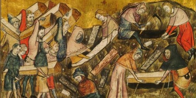 Жители Турне хоронят жертв чумы. Миниатюра из рукописи XIV века Antiquitates Flandriae