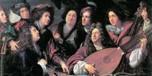 Жан‑Батист Люлли с лютней и его коллеги‑музыканты. Картина Франсуа Пюже, 1688 г. 