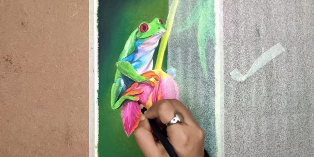 Как нарисовать реалистичную лягушку масляной пастелью: Проработайте мелкие детали лягушки