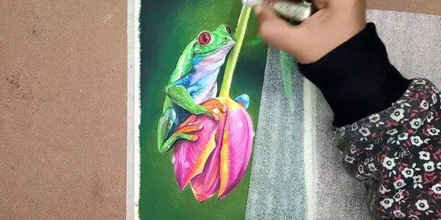 Как нарисовать реалистичную лягушку масляной пастелью: Белым мелком обозначьте блики на поверхности кожи лягушки