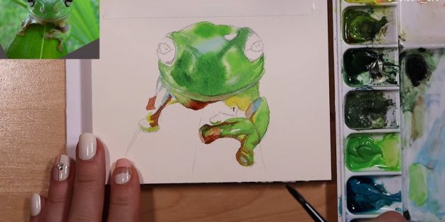 Как нарисовать реалистичную лягушку акварелью: Прорисуйте контуры пальцев и сгибы лап