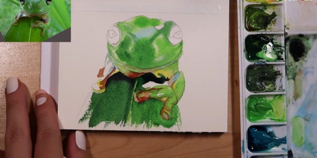 Как нарисовать реалистичную лягушку акварелью: нарисуйте лист
