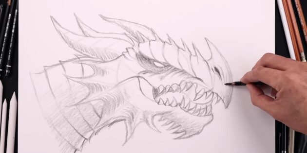 Как нарисовать голову дракона: обозначьте тени