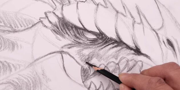 Как нарисовать голову дракона: сделайте тени вокруг глаз ярче