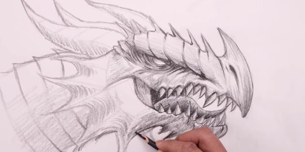 Как нарисовать голову дракона: заштрихуйте челюсти, язык и подбородок