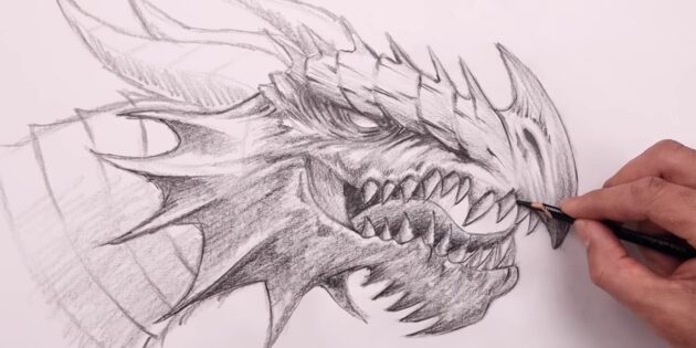 Как нарисовать голову дракона: обозначьте тени на чешуйках