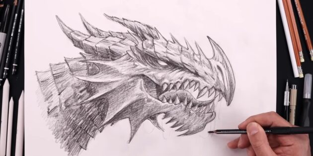 Как нарисовать голову дракона: заштрихуйте нижнюю часть шеи
