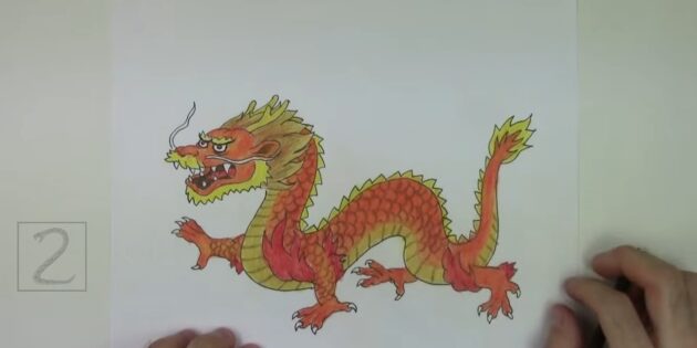 Как нарисовать китайского дракона: пройдитесь по рисунку оранжевым карандашом ещё раз