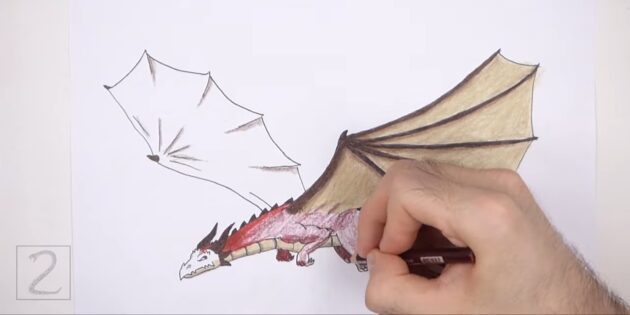 Как нарисовать реалистичного летящего дракона: закрасьте голову и корпус