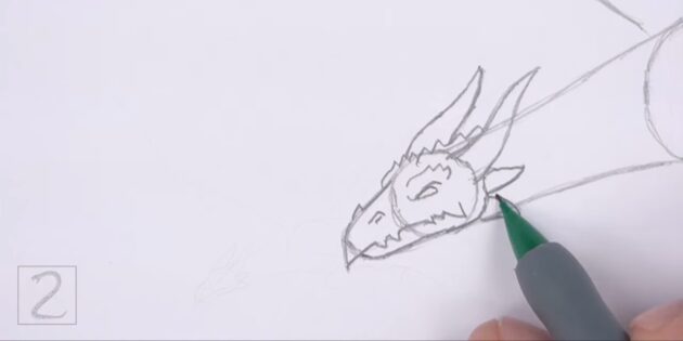Как нарисовать реалистичного летящего дракона: изобразите гребни на затылке и челюсти