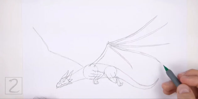 Как нарисовать реалистичного летящего дракона: проработайте детали правого крыла