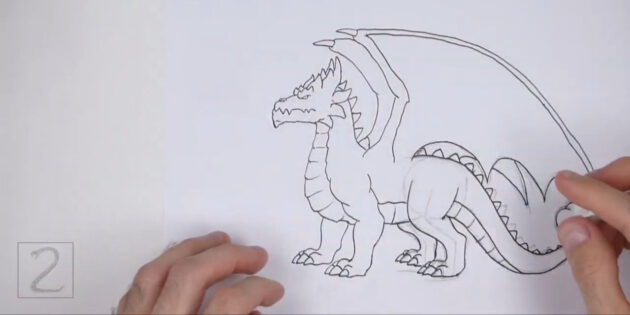 Как нарисовать реалистичного стоящего дракона: обведите дракона и сотрите лишние линии