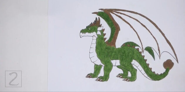 Как нарисовать реалистичного стоящего дракона: раскрасьте корпус и внешнюю сторону крыла