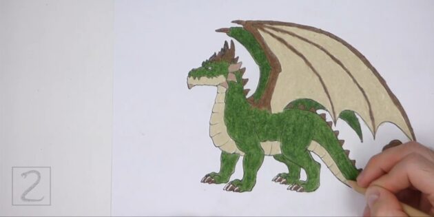 Как нарисовать реалистичного стоящего дракона: раскрасьте брюхо и перепонки