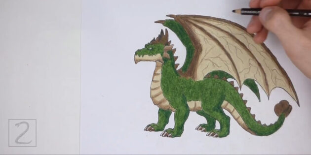 Как нарисовать реалистичного стоящего дракона: добавьте прожилки на крыльях