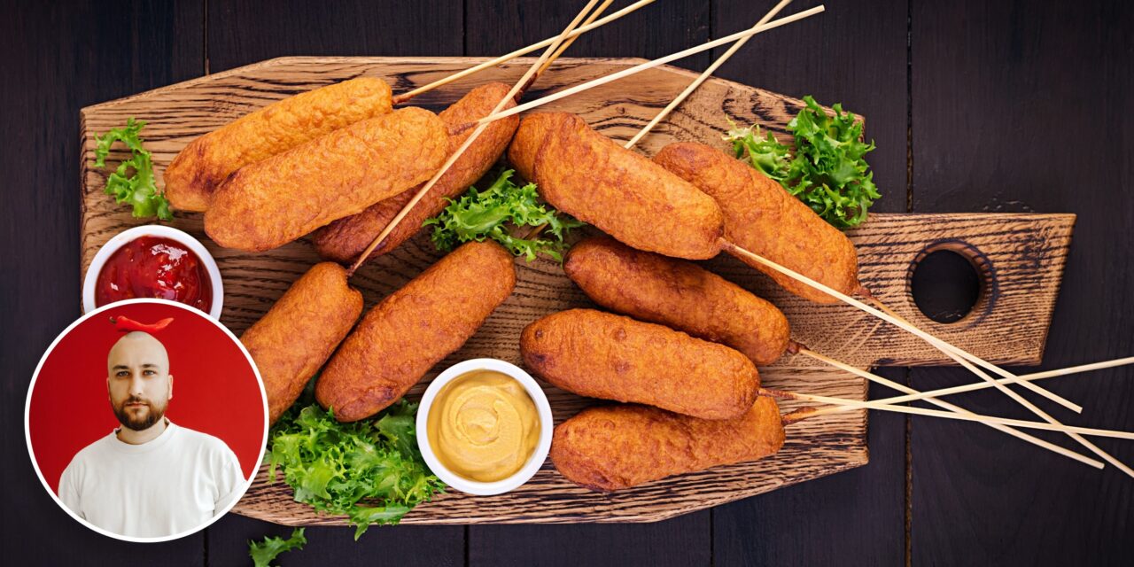Corn dogs made from vegan sausages from food blogger Mikhail Vegan