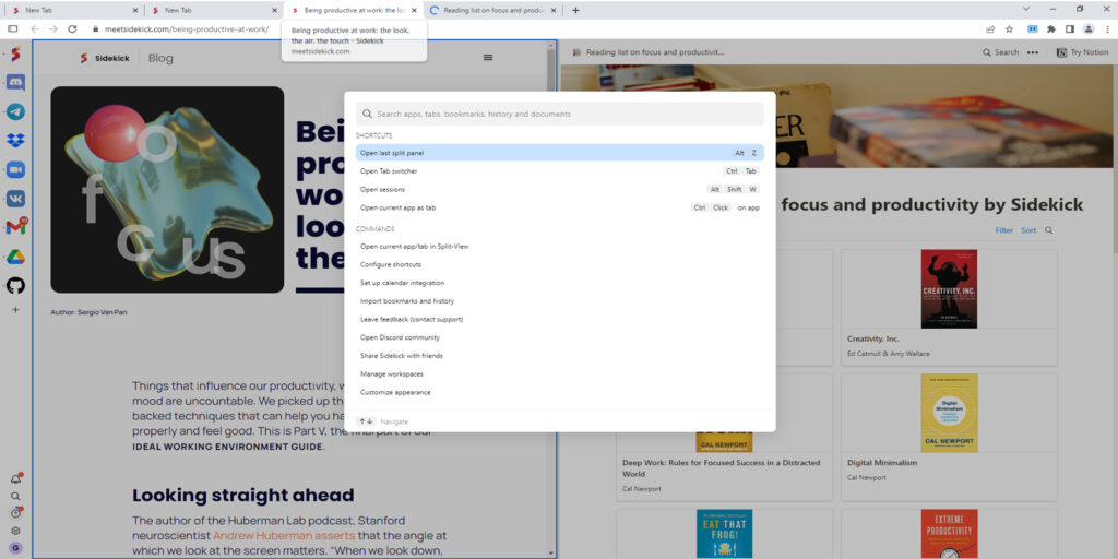 В Sidekick Browser есть поиск по содержимому всех открытых вкладок и приложений