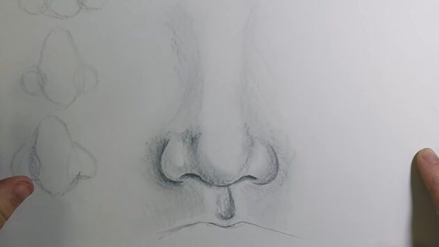 Как нарисовать нос анфас: нарисуйте губный желобок