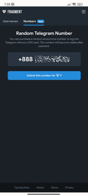 Чтобы купить виртуальный номер для Telegram, тапните Unlock this number for 9 TON