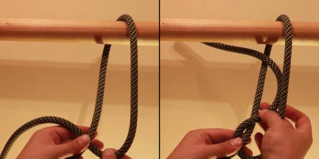 Как завязать узел «Тройной штык»: накиньте верёвку на опору, пропустите ходовой конец за коренным, а затем вставьте его внутрь петли и затяните