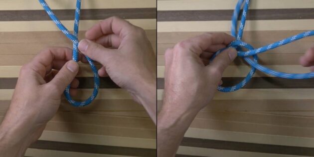 Как завязать затяжной мичманский узел: сделайте петлю, оберните ходовой конец вокруг коренного сверху и просуньте его в петлю