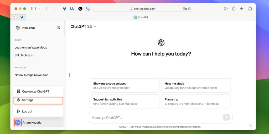 Как спрятать диалоги в веб‑версии ChatGPT: кликните по своему имени и нажмите Settings