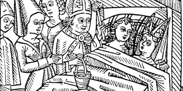 Кельтские легендарные персонажи Реймонт и Мелюзина, благословляемые епископом в постели во время свадьбы